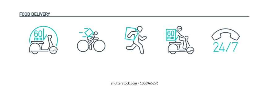 Online delivery service line icons set isolated on white. outline symbols food delivery service banner. Quality design elements running courier Box, bicycle, motor scooter, bike with editable Stroke