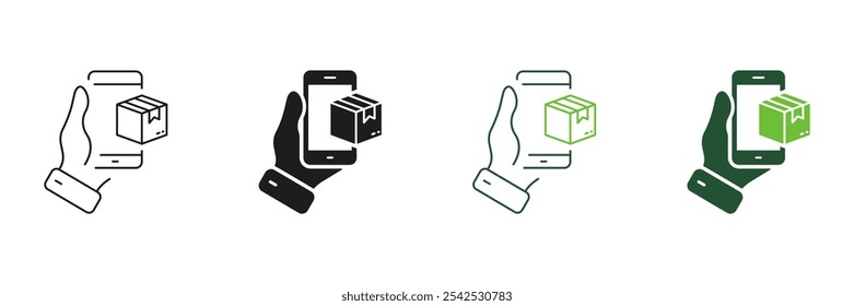 Online Delivery Service Line and Silhouette Icon Set. Parcel in Smartphone Pictogram. Purchase Shipping Symbol. Ecommerce. Editable Stroke. Isolated Vector Illustration.
