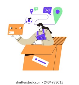 Online delivery service, logistic concept. Vendor sells goods, sends orders to address. Seller delivers packages, parcels, boxes to customers. Flat isolated contour vector illustration on white