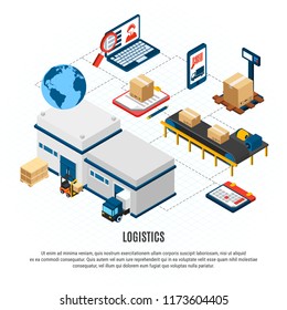Online delivery service logistics isometric flowchart with freight vehicles and warehouse building 3d isometric vector illustration