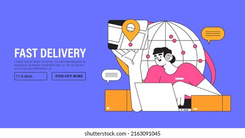 Online delivery service, logistics or delivery tracking gps navigator concept for banner, mobile application or website. Woman with headphones and laptop say courier location or adress on map.