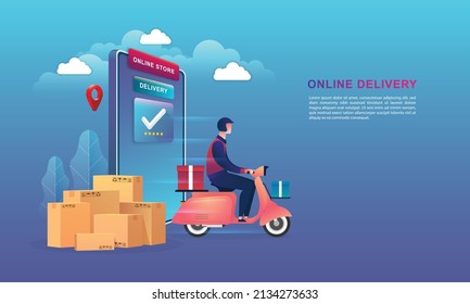 Online delivery service with the delivery man on website E-commerce or mobile phone applications vector concepts and digital marketing. Template for banner, web landing page, social media. Vector.