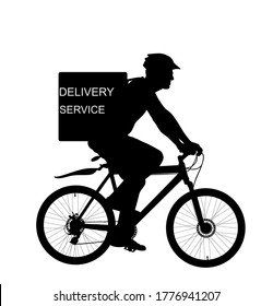 Online delivery service, man riding bicycle vector silhouette isolated on white background. Courier with food backpack go to customer. Fast food urban transportation in warm bag on back. Bike driver.