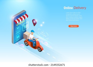 Online delivery service. Delivery man riding scooter from smartphone app express deliver shipment to customer. Innovation technology, online shopping and order delivery concept.