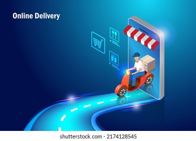 Online delivery service. Delivery man riding scooter on futuristic road express deliver shipment to customer. Online shopping, e commerce marketing and order delivery concept.