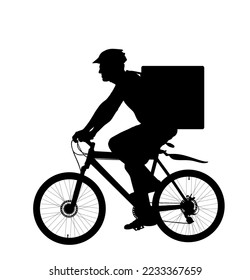 Online delivery service, man riding bicycle vector silhouette isolated on white background. Courier with food backpack go to customer. Fast food urban transportation in warm bag on back. Bike driver.