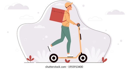 Online delivery service. Delivery man in yellow uniform delivers food on a scooter. Online order tracking and logistic concept. Vector illustration on an abstract background