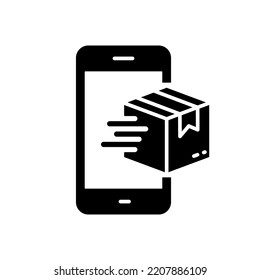 Online Delivery Service in Mobile Phone Silhouette Icon. Shop Fast Order Parcel Box in Cellphone Glyph Pictogram. Application Store Supermarket Ecommerce in Smartphone. Isolated Vector Illustration.