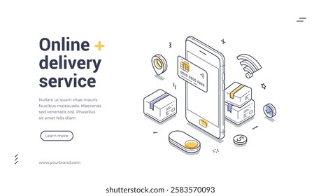 Online delivery service modern isometric line art web banner. Mobile apps facilitate quick transactions with credit cards and packages