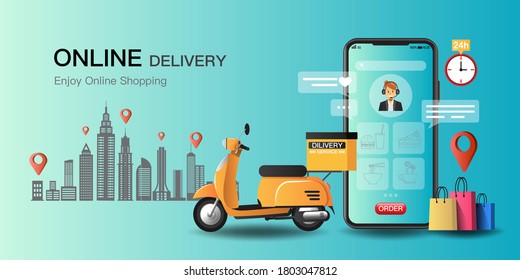 Online delivery service on application and website concept, fast scooter service, digital marketing, banner, app, delivery parcels or food to home and office with tracking map. Vector illustration.