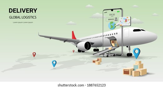 Online delivery service mobile  Global logistic  transportation  Online order  Air logistics  Airplane  warehouse   parcel box  Concept web page design for website banner  3D Vector
