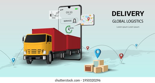 Online delivery service on mobile, Global logistic transportation, Online order. City logistics. Truck, warehouse and parcel box. Concept  for website or banner. 3D Perspective Vector illustration