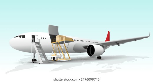 Online delivery service on mobile, Global logistic, transportation. Air freight logistics. Online order. airplane, warehouse and parcel box. 3D Vector illustration