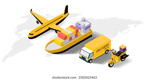 Online delivery service on mobile, Global logistic, transportation. Online order. Air freight logistics. airplane, warehouse and parcel box. Concept for website banner. Isometric Vector illustration