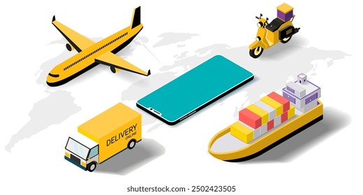 Online delivery service on mobile, Global logistic, transportation. Online order. Air freight logistics. airplane, warehouse and parcel box. Concept for website banner. Isometric Vector illustration