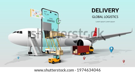 Online delivery service on mobile, Global logistic, transportation. Air freight logistics. Online order. airplane, warehouse and parcel box. Concept of for website or banner. 3D Perspective Vector