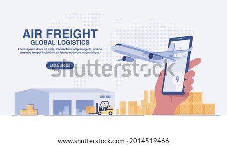 Online delivery service on mobile, Global logistic, transportation, Air freight logistics, warehouse and parcel box. Concept for website. vector illustration.