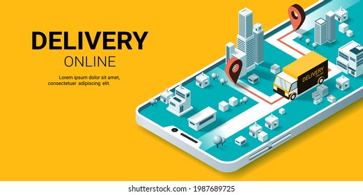 Online delivery service on smartphone, Smart logistics, Online order. City logistics. Truck, warehouse and parcel box. Concept for website or banner. Isometric Vector illustration