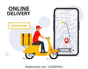 Aplicación de pedido de servicio de entrega en línea en teléfono móvil. Courier en una motocicleta entrega un paquete. Hombre de entrega de comida. Seguimiento de correo por mapa. Entrega rápida y gratuita. Concepto de comercio electrónico