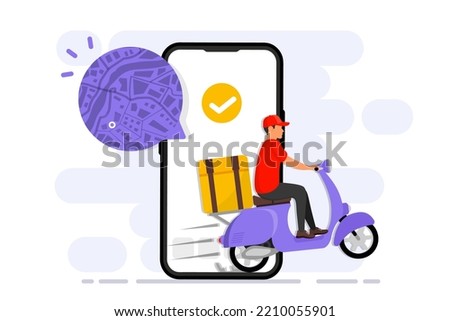Online delivery service order application on mobile phone. Courier on a scooter delivers a package. Food delivery man. Tracking courier by map. Fast and free delivery. E-commerce concept