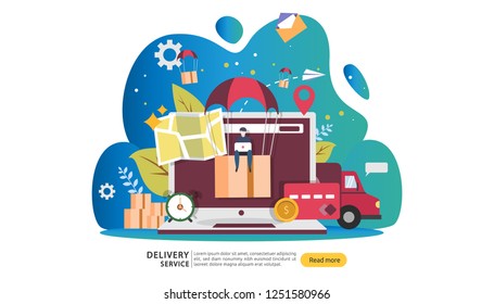 Online Delivery service. order express tracking concept with tiny character and cargo box truck. template for web landing page, banner, presentation, social media and print media. Vector illustration