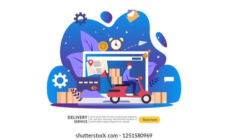 Online Delivery service. order express tracking concept with tiny character and cargo box truck. template for web landing page, banner, presentation, social media and print media. Vector illustration