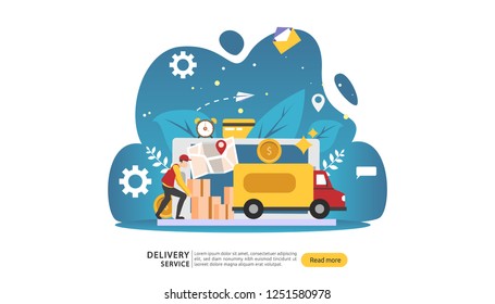 Online Delivery service. order express tracking concept with tiny character and cargo box truck. template for web landing page, banner, presentation, social media and print media. Vector illustration