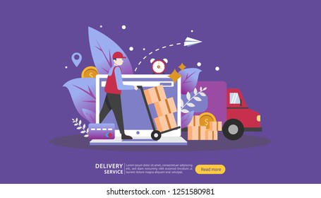 Online Delivery service. order express tracking concept with tiny character and cargo box truck. template for web landing page, banner, presentation, social media and print media. Vector illustration