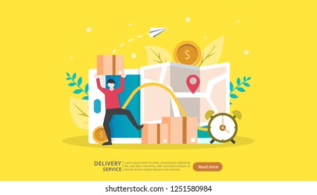 Online Delivery service. order express tracking concept with tiny character and cargo box truck. template for web landing page, banner, presentation, social media and print media. Vector illustration