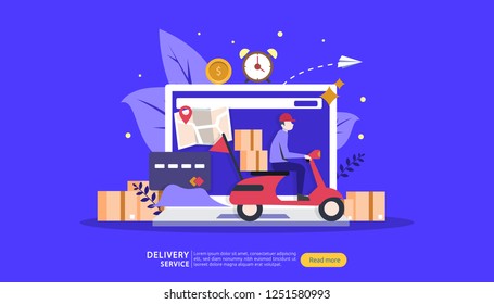 Online Delivery service. order express tracking concept with tiny character and cargo box truck. template for web landing page, banner, presentation, social media and print media. Vector illustration