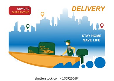 Online delivery service, order tracking, home and office delivery. A courier in a respiratory mask and gloves delivers the goods on a boat. Vector illustration of a coronavirus pandemic. Quarantine