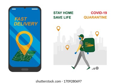 Online delivery service, order tracking, home and office delivery. A courier in a respiratory mask and gloves delivers the goods on foot. Vector illustration of a coronavirus pandemic. Quarantine.