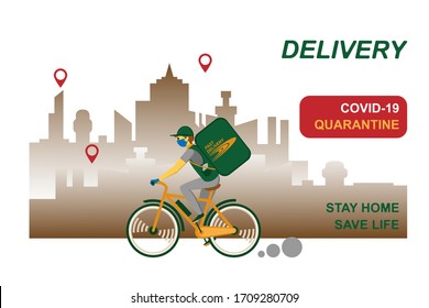 Online delivery service, order tracking, home and office delivery. A courier in a respiratory mask and gloves delivers goods on a bicycle. Vector illustration of a coronavirus pandemic. Quarantine