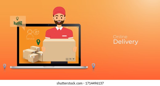 Online delivery service and order tracking with computer. City logistics with delivery man. vector illustration