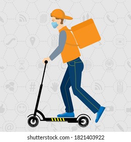 Online-Lieferservice Nachverfolgung, Lieferung zu Hause und Büro. Roller Kurier, Lieferant in Atemmaske. Vektorgrafik