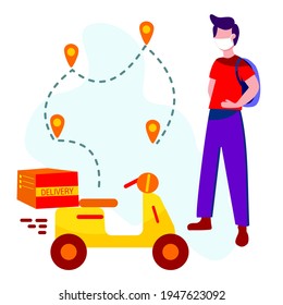 Online delivery service, online order tracking, home and office delivery. A truck, a scooter, a masked courier. Vector illustration