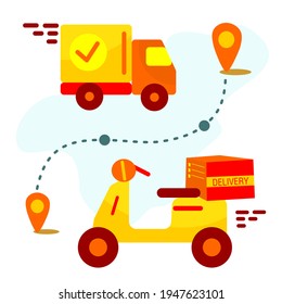 Online delivery service, online order tracking, home and office delivery. A truck, a scooter, a masked courier. Vector illustration