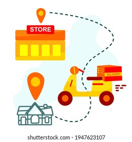 Online delivery service, online order tracking, home and office delivery. A truck, a scooter, a masked courier. Vector illustration