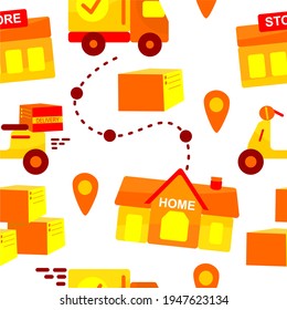 Online delivery service, online order tracking, home and office delivery. A truck, a scooter, a masked courier. Vector illustration