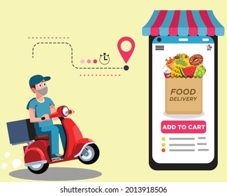 Online delivery service , online order tracking, delivery home and office. Scooter delivery. Shipping. Man on the bike with mask. Vector illustration