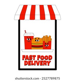 Online delivery service, online order tracking, delivery home and office. Fast food delivery, shipping. Combo burger, french fries and drink. Vector illustration on transparent background 