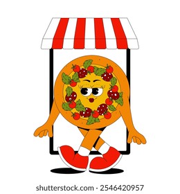 Online delivery service, online order tracking, delivery home, office. Fast food delivery, shipping. Funky walking pizza character in retro groovy style. Vector illustration on transparent background 