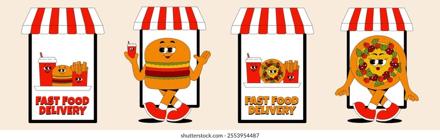 Online delivery service, online order tracking, delivery home and office. Fast food delivery, shipping. Combo burger, pizza, french fries and drink. Vector concept set
