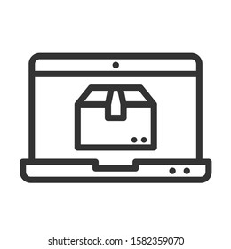 Online delivery service outline vector icon isolated on white background. Laptop with express delivery app showing the package. Delivery line stock illustration for web, mobile and ui design