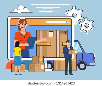 Online delivery service. People stand near big screen, delivery boxes, packages, truck. Poster for banner, social media, web page, presentation. Flat design vector illustration