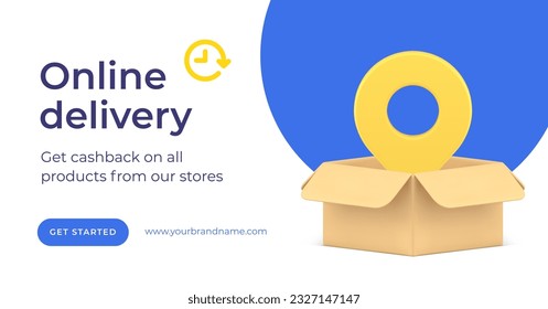 Online delivery service postal parcel shopping cargo logistic distribution 3d landing page realistic vector illustration. Internet goods purchase shipping freight transportation global shipment