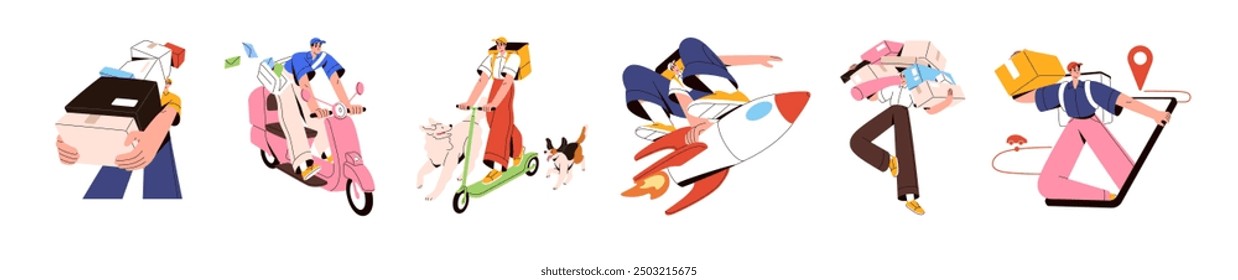 Online delivery service set. Courier delivers parcels by scooter, moped. Mailman carries letters, post envelopes. Deliveryman with boxes. Logistic concept. Flat isolated vector illustrations on white