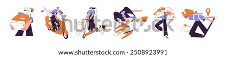 Online delivery service set. Courier delivers parcels by scooter, moped. Mailman carries letters, post envelopes. Deliveryman with boxes. Logistic concept. Flat isolated vector illustrations on white