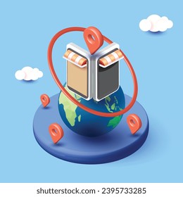 
Online delivery service shopping online concept. on blue and cloud background 3D world delivery travel Location Paper Map, Search Bar and Pin red Isolated. 