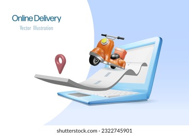 Online delivery service, online shopping. Scooter driving on road from computer. Logistics and distribution shipment for e commerce. 3D vector.